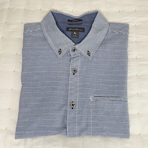 Eddie Bauer Crinkle Cotton SS Button Down Men's L | Blue & White Stripes | EUC - Picture 9 of 9